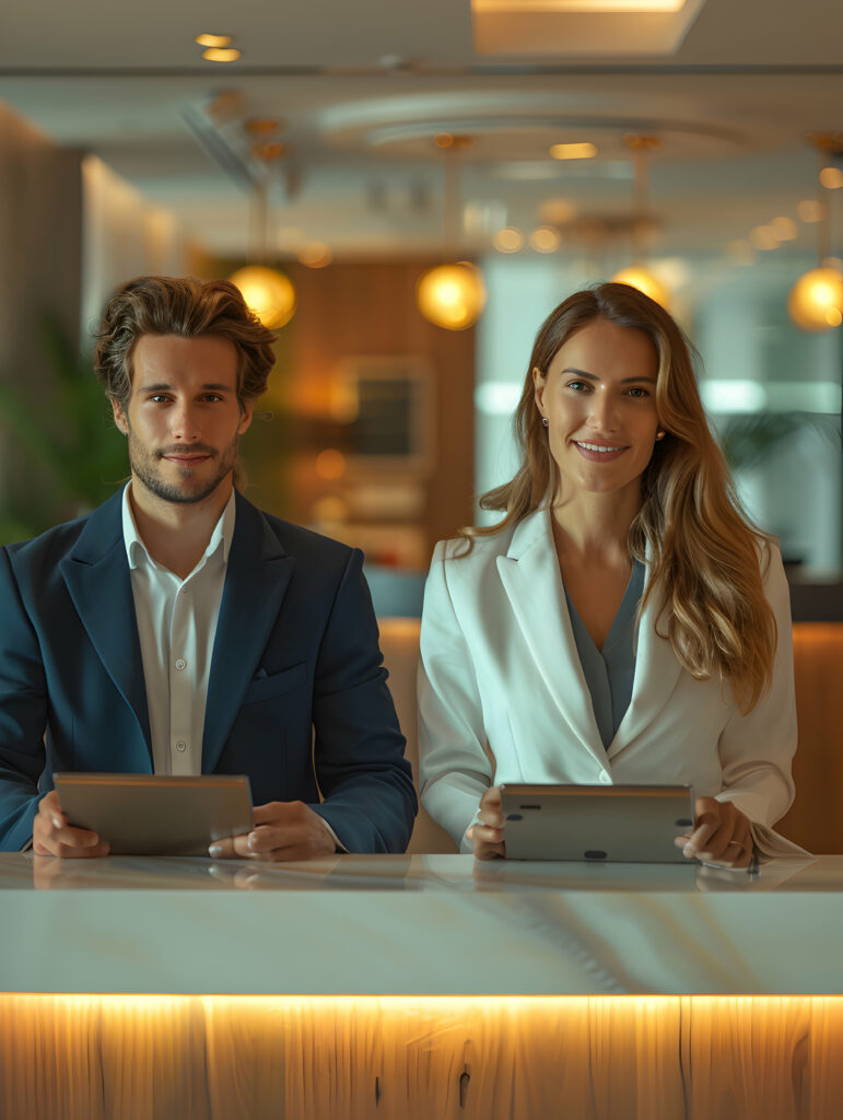 photo realiste deux receptionnistes d hotel avec des tablettes et des systemes de reservation pour une hospitalite efficace